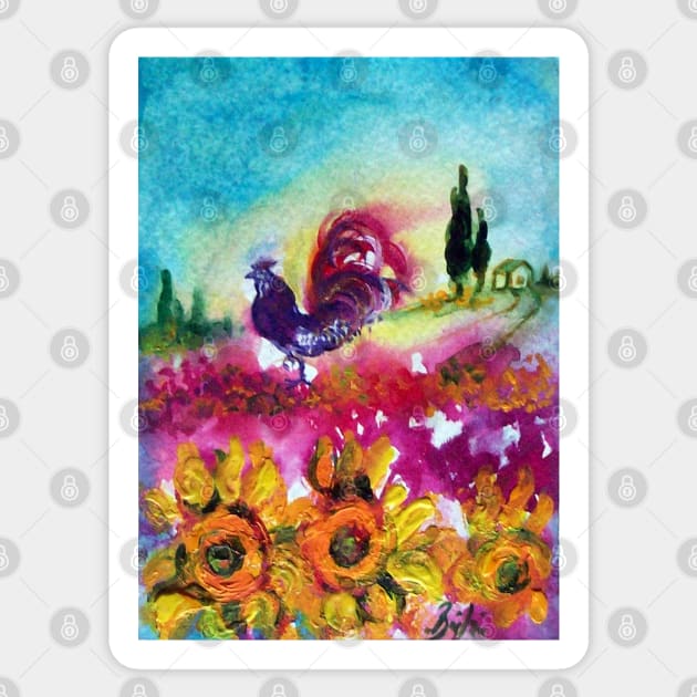 SUNFLOWERS, POPPIES AND BLACK ROOSTER IN BLUE SKY Sticker by BulganLumini